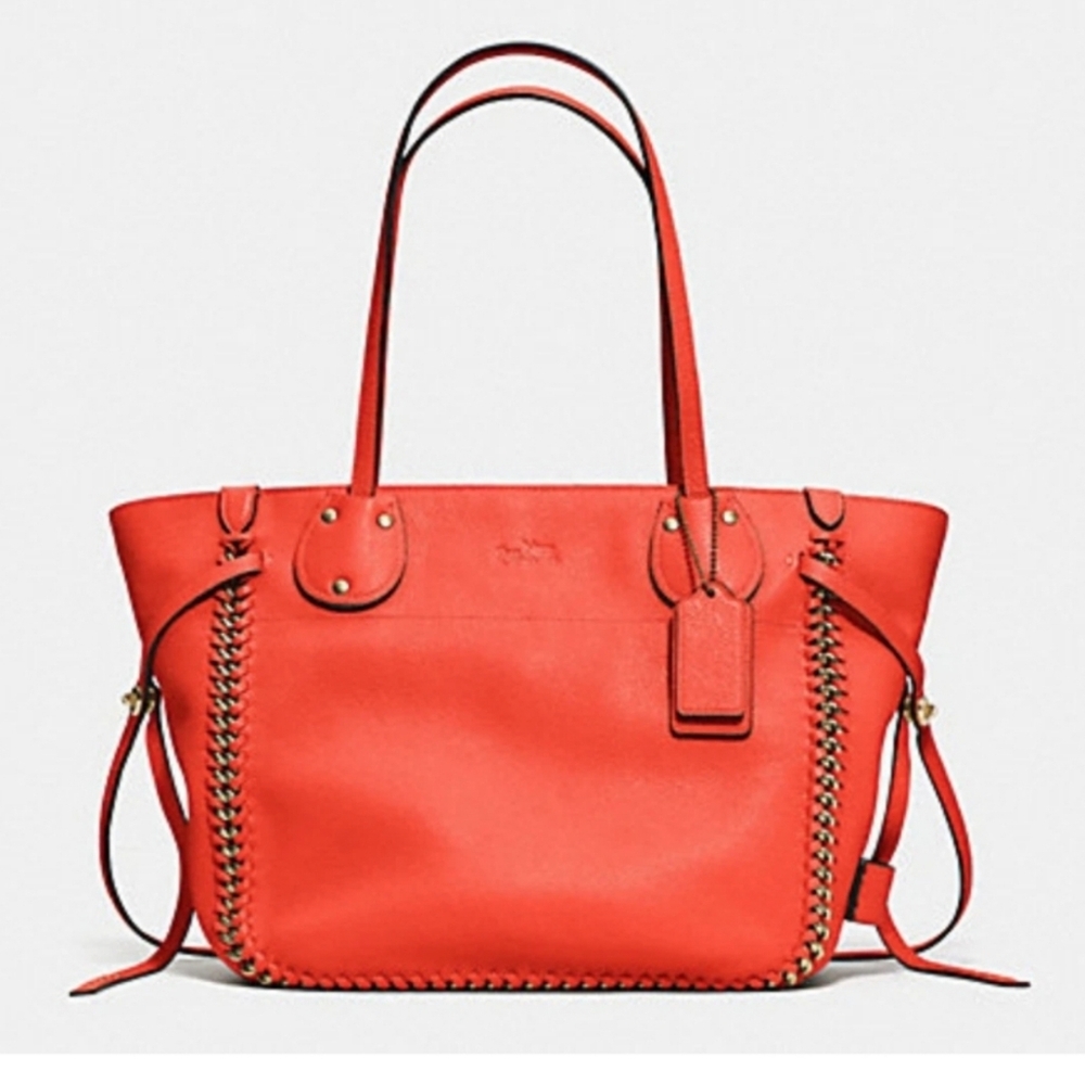 Coach Leather Tatum Whiplash Whipstich Tote Shoulder Hand Bag Coral Red Gold